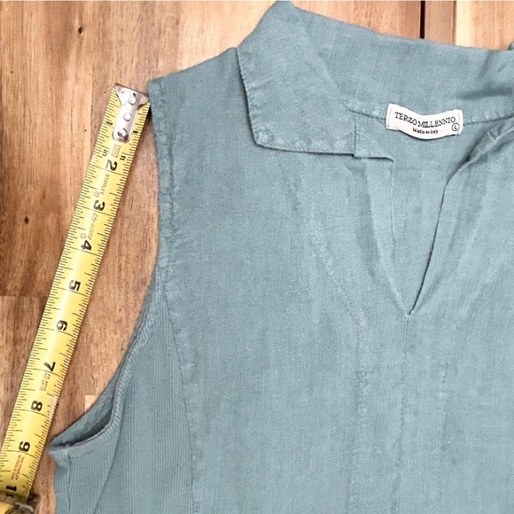 Terzo Millennio 100% Linen Sleeveless V-Neck Blue Green Knee Length Dress Sz Lrg - Picture 8 of 9